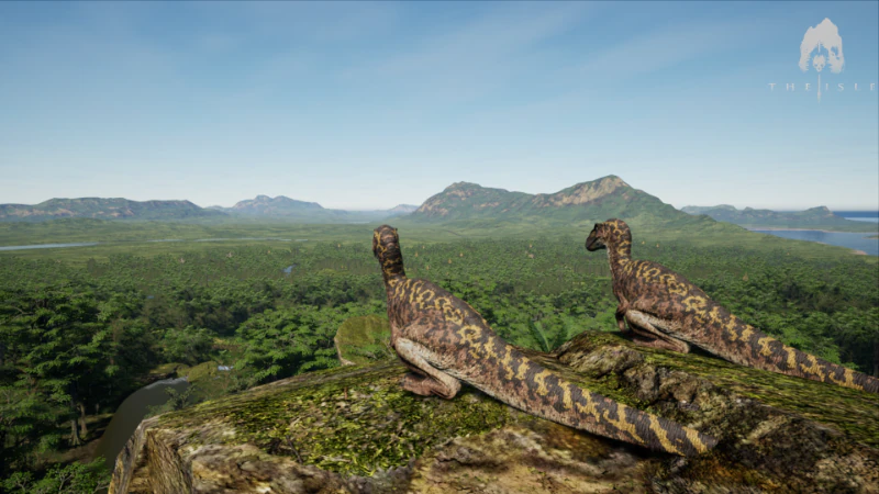 ไดโนบนหน้าผาเหนือป่าและแม่น้ำ ในโลกของ The Isle: Evrima