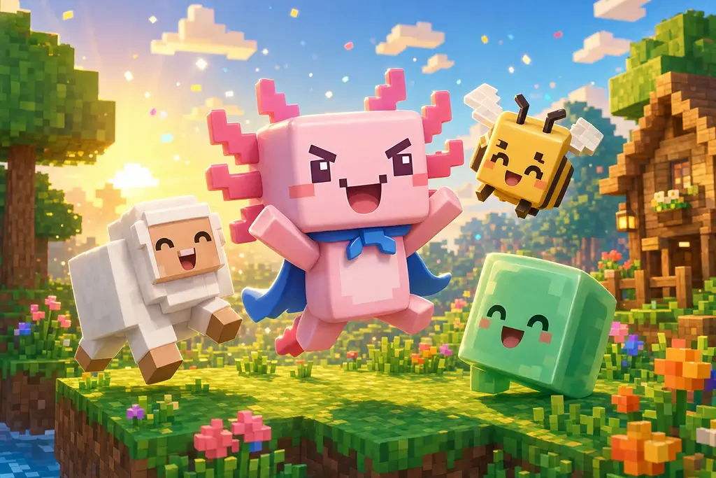 น้องแอกโซเล่นสนุกกับเพื่อนๆ บนเกาะสไตล์ Minecraft