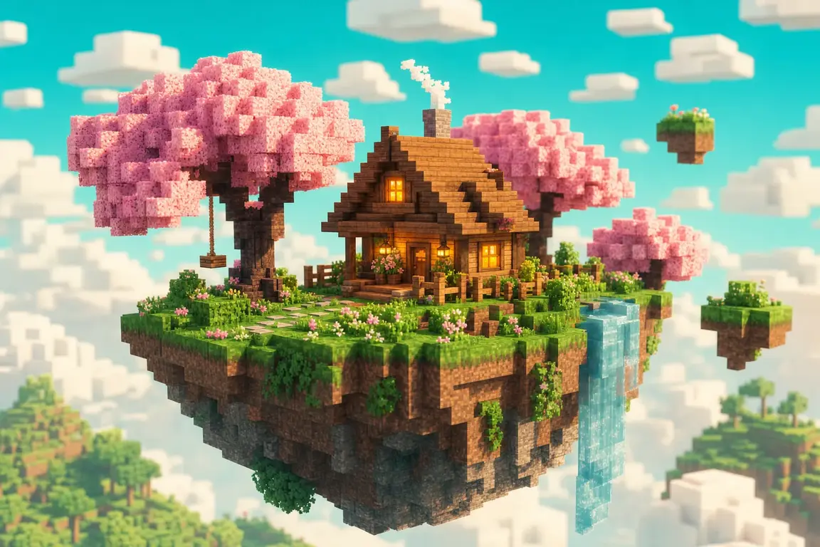 โลก Minecraft เกาะลอยฟ้าพร้อมบ้านหลังเล็กและซากุระ